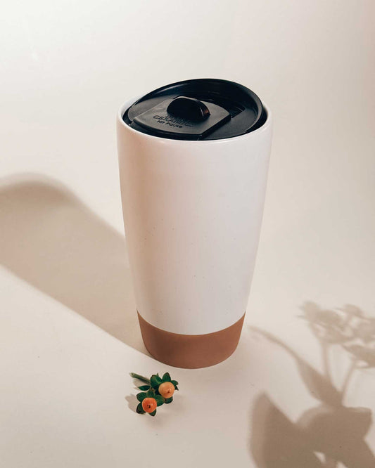MORA CERAMICS Kitchen & Dining Double Walled Ceramic Travel Mug with Lid - Cotton White - 14oz