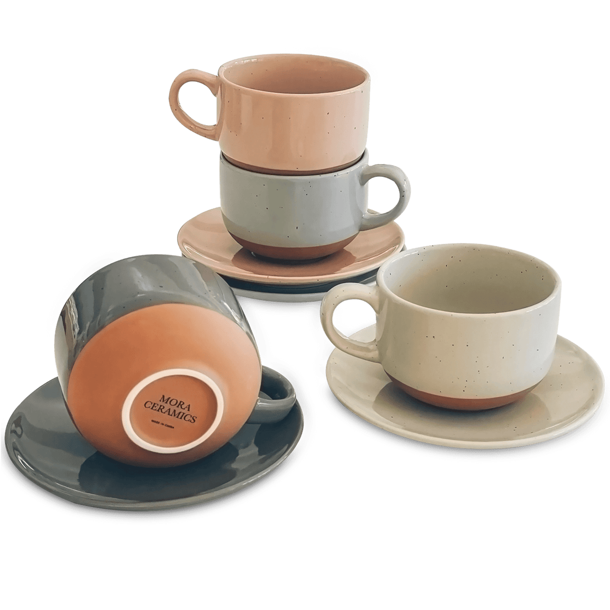 Cappuccino Mugs with Saucers Set of 4 - 8oz - Assorted Neutrals