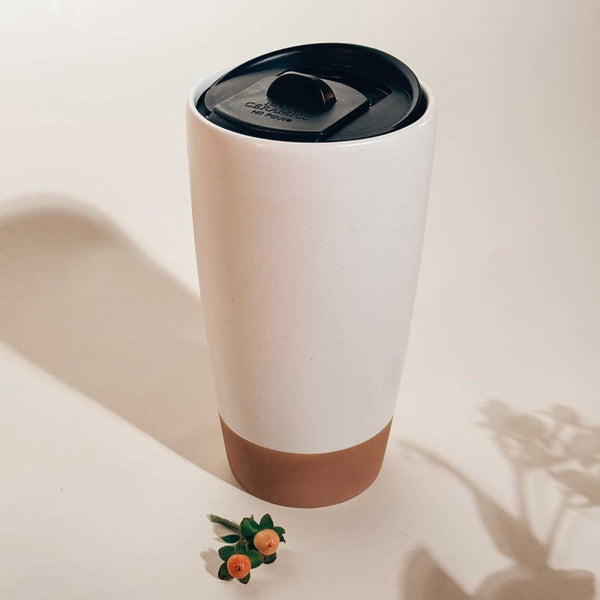 MORA CERAMICS Kitchen & Dining Double Walled Ceramic Travel Mug with Lid - Cotton White - 14oz