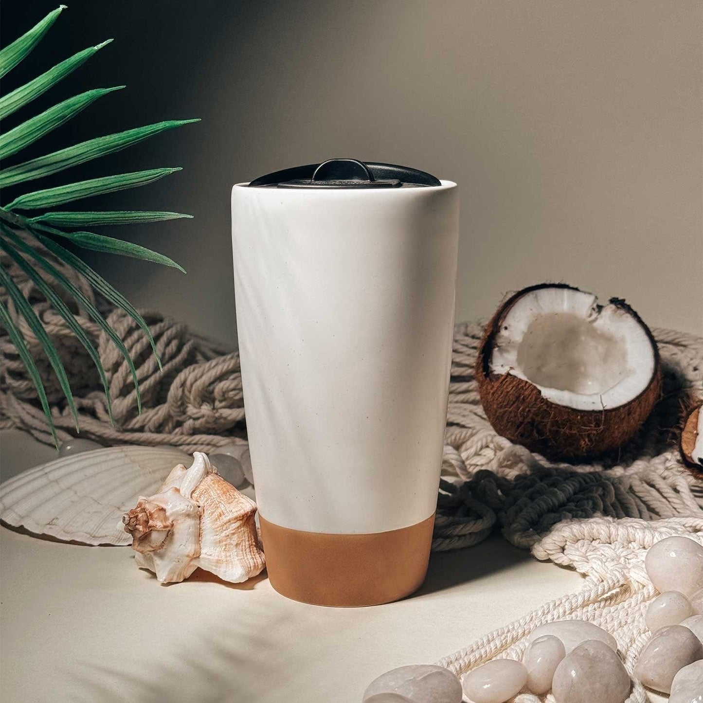 MORA CERAMICS Kitchen & Dining Double Walled Ceramic Travel Mug with Lid - Cotton White - 14oz