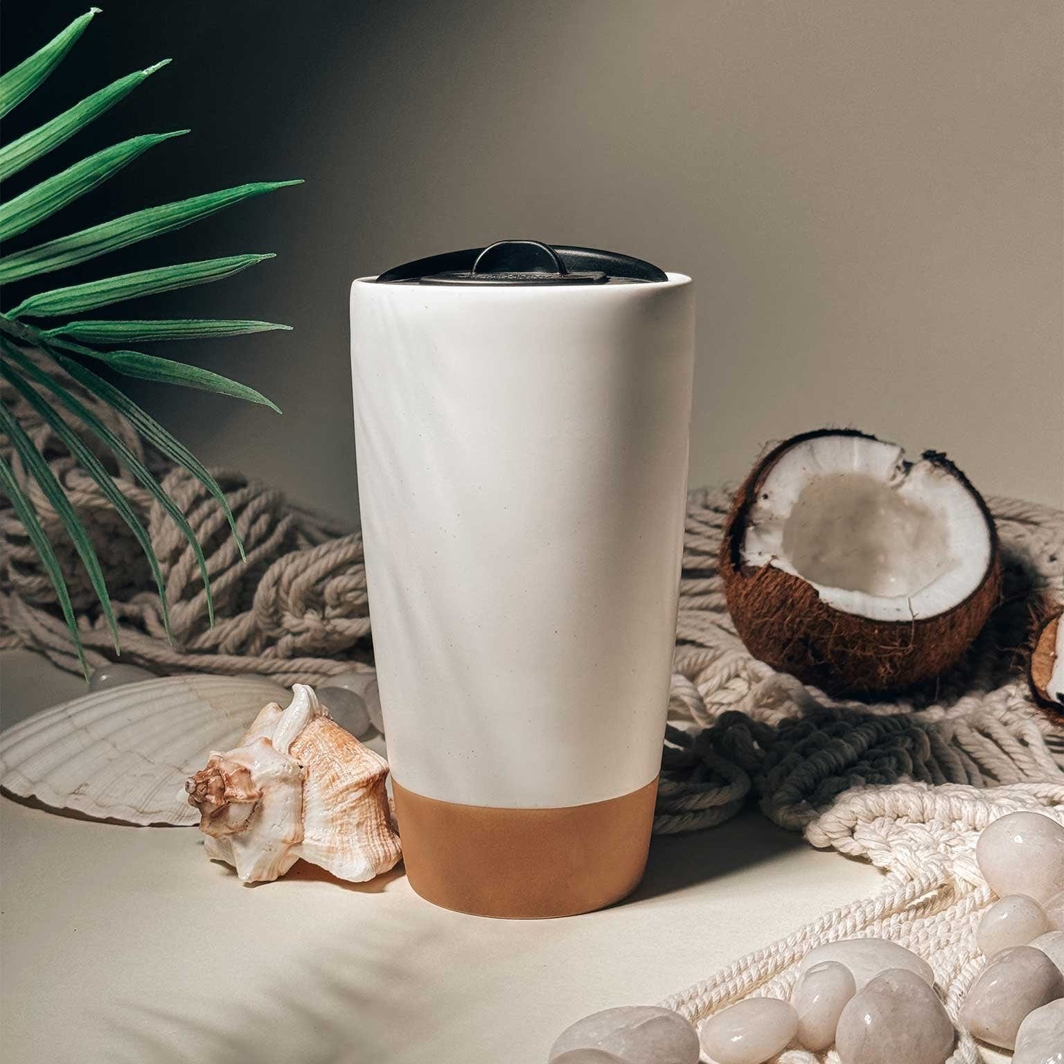 MORA CERAMICS Kitchen & Dining Double Walled Ceramic Travel Mug with Lid - Cotton White - 14oz