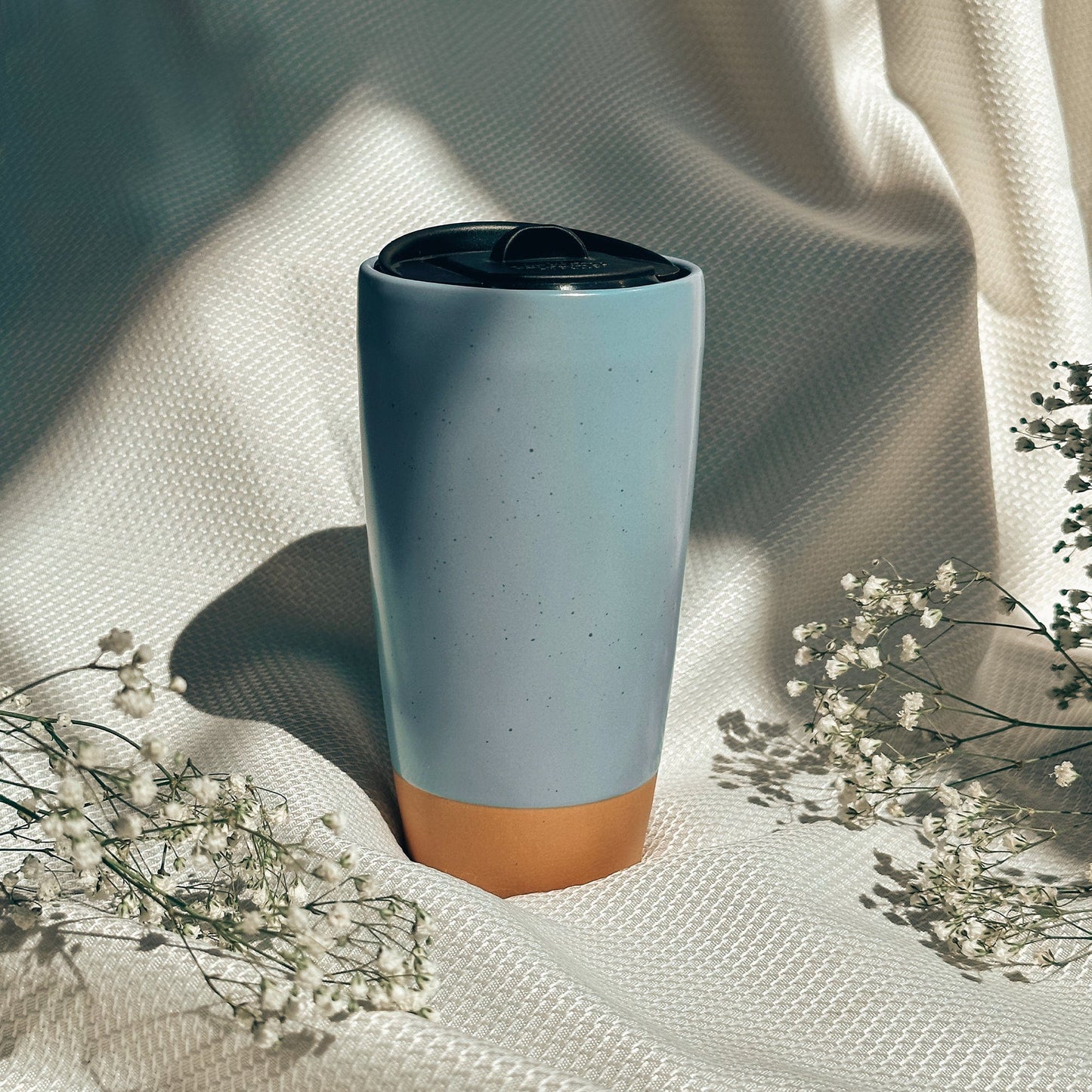 MORA CERAMICS Kitchen & Dining Double Walled Ceramic Travel Mug with Lid - Dusty Blue - 14oz