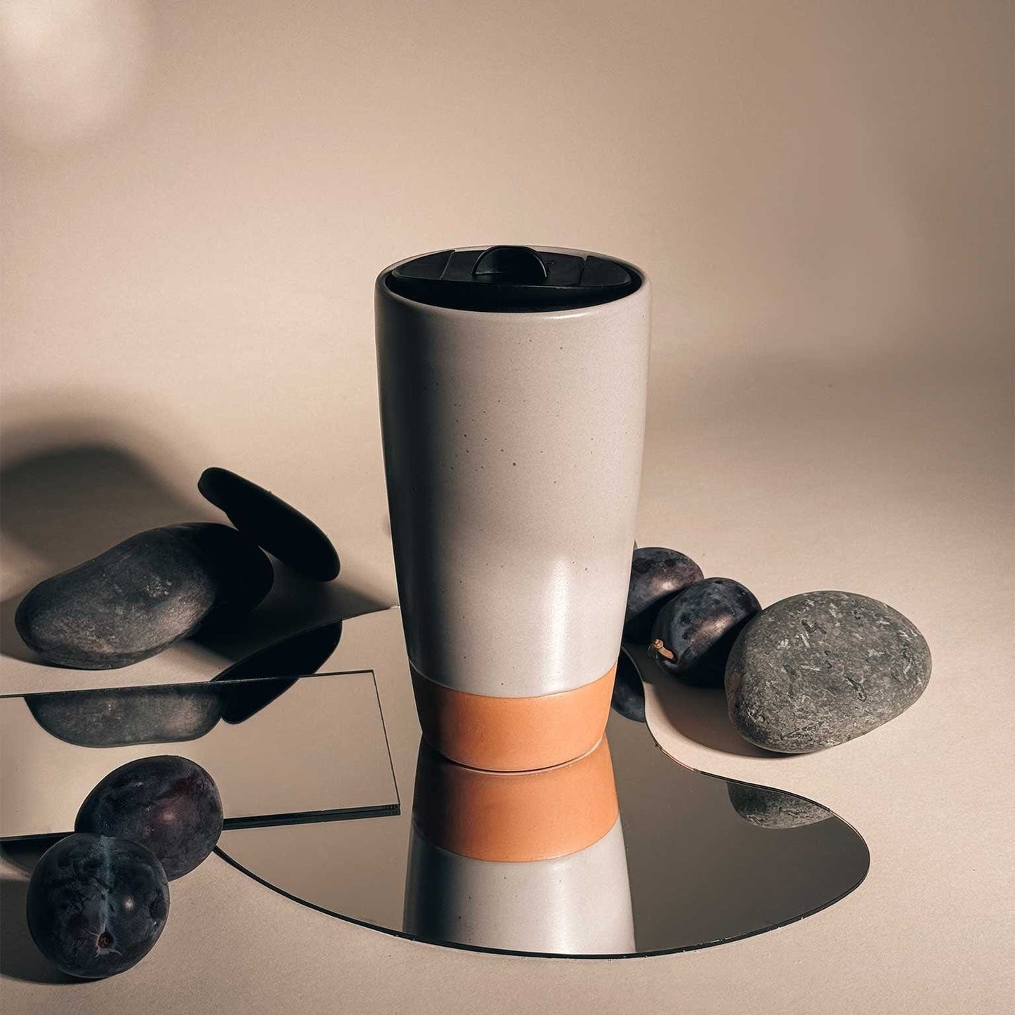 MORA CERAMICS Kitchen & Dining Double Walled Ceramic Travel Mug with Lid - Overcast Grey - 14oz