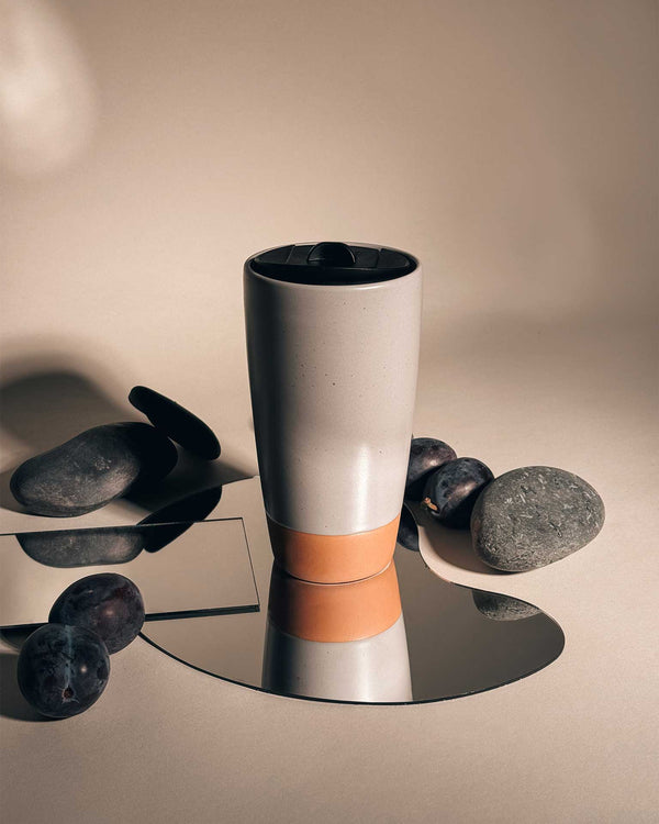 MORA CERAMICS Kitchen & Dining Double Walled Ceramic Travel Mug with Lid - Overcast Grey - 14oz