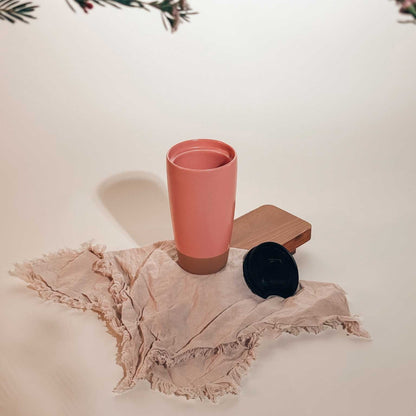 MORA CERAMICS Kitchen & Dining Double Walled Ceramic Travel Mug with Lid - Pink Salt - 14oz