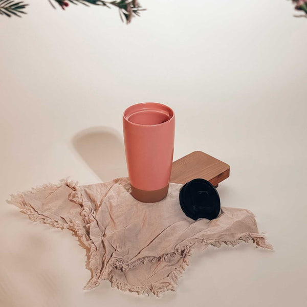 MORA CERAMICS Kitchen & Dining Double Walled Ceramic Travel Mug with Lid - Pink Salt - 14oz