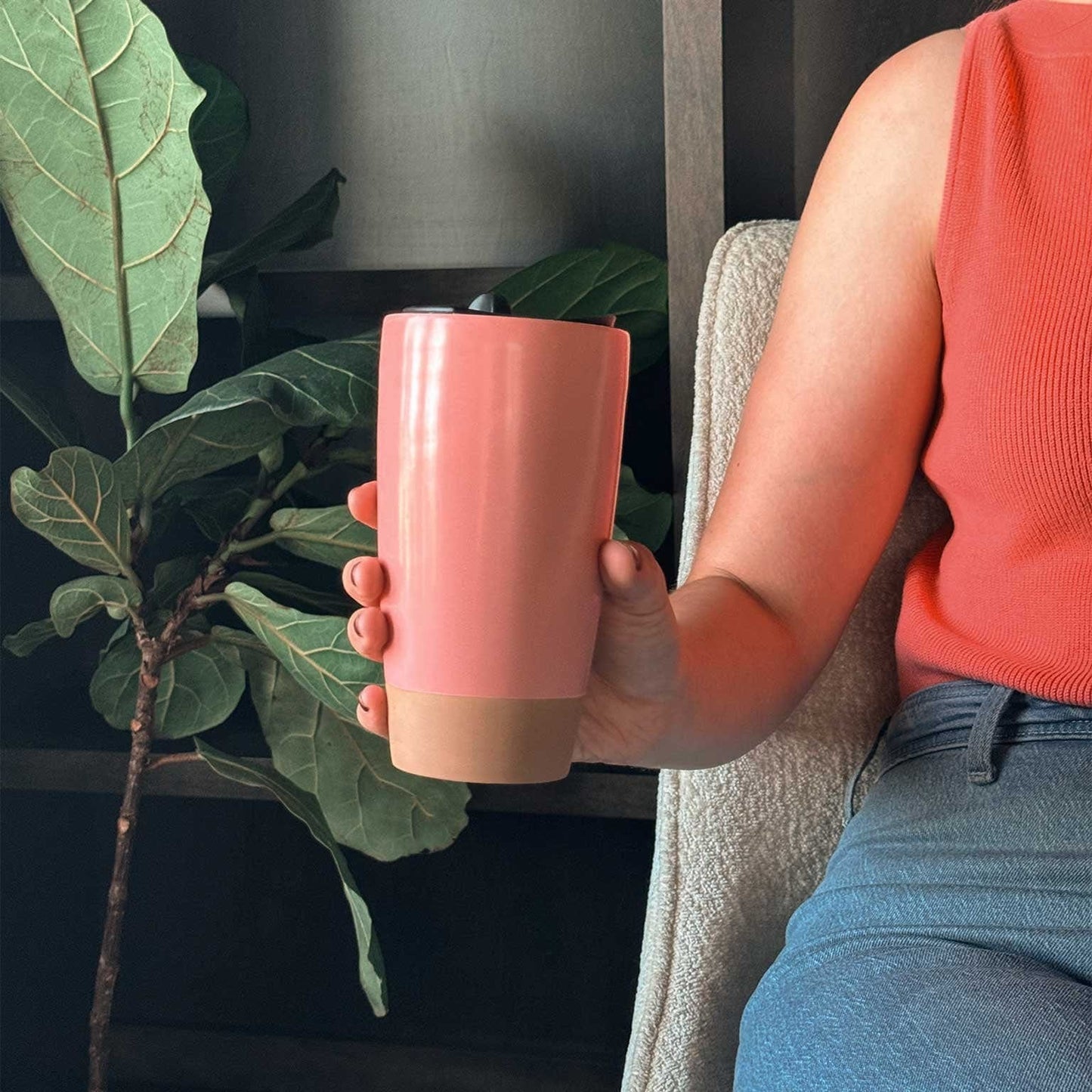 MORA CERAMICS Kitchen & Dining Double Walled Ceramic Travel Mug with Lid - Pink Salt - 14oz