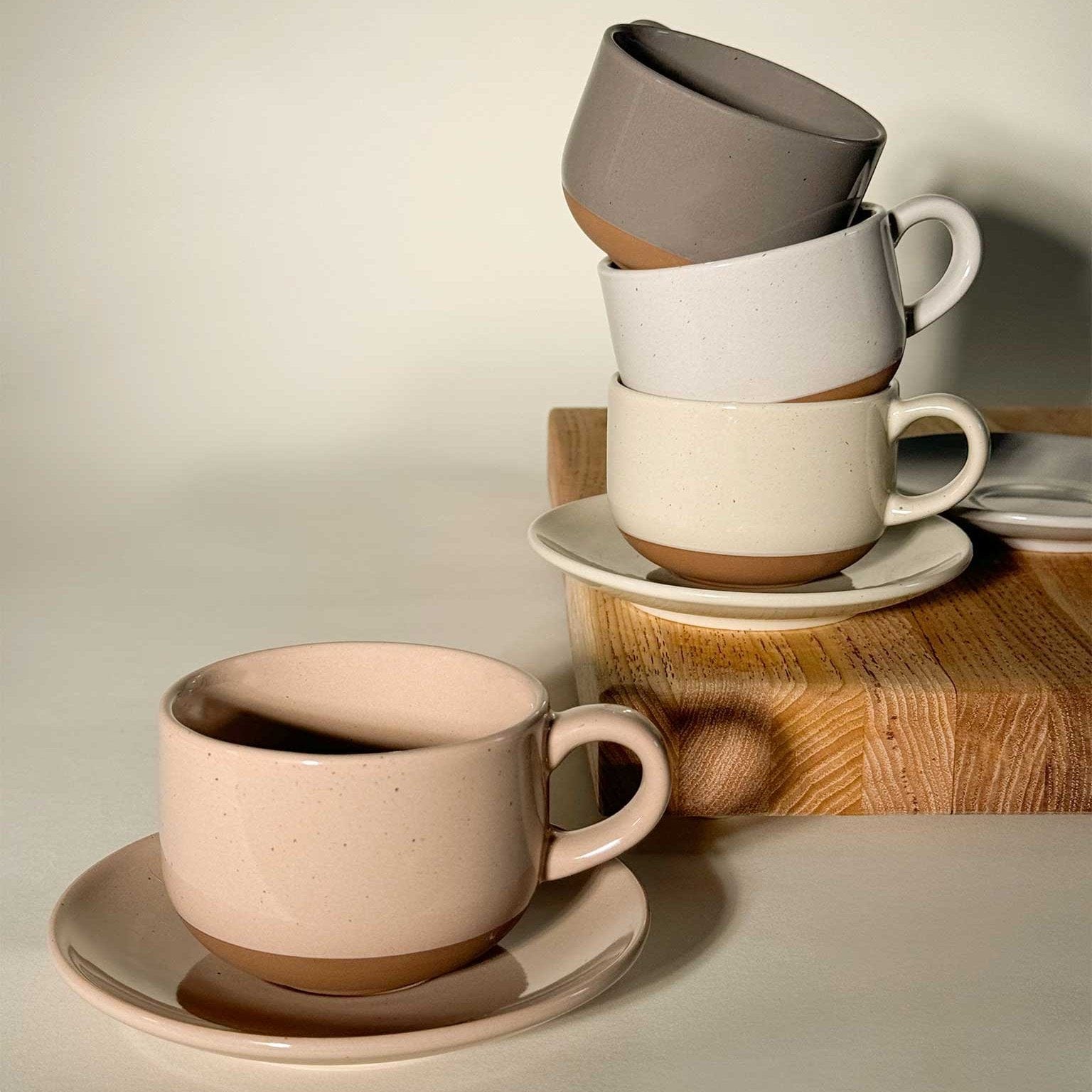 MORA CERAMICS Kitchen & Dining Cappuccino Mugs with Saucers Set of 4 - 8oz - Assorted Neutrals