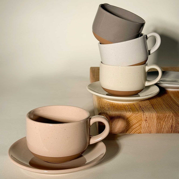 MORA CERAMICS Kitchen & Dining Cappuccino Mugs with Saucers Set of 4 - 8oz - Assorted Neutrals