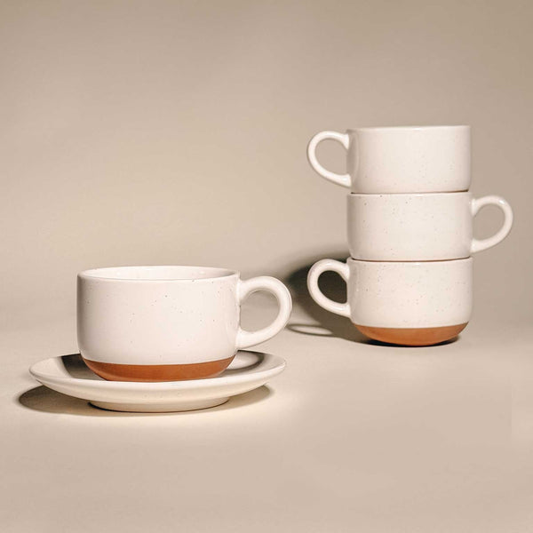 MORA CERAMICS Kitchen & Dining Cappuccino Mugs with Saucers Set of 4 - 8oz - Vanilla White
