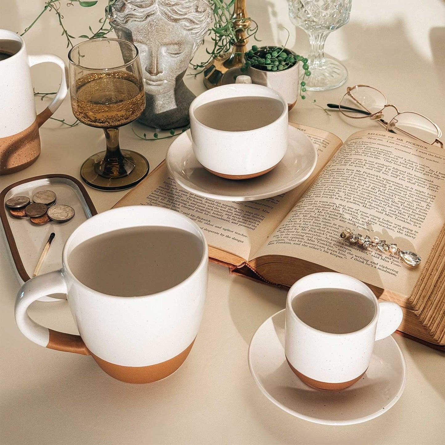 MORA CERAMICS Kitchen & Dining Espresso Cups with Saucers Set of 4 - 3oz - Vanilla White