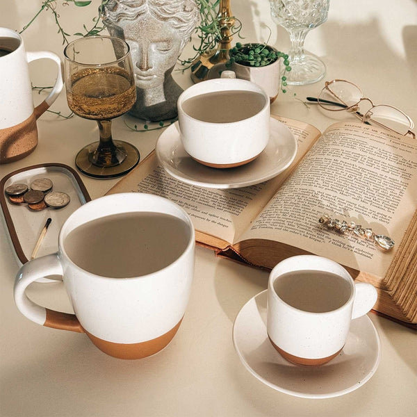 MORA CERAMICS Kitchen & Dining Espresso Cups with Saucers Set of 4 - 3oz - Vanilla White