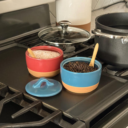MORA CERAMICS Kitchen & Dining Salt & Pepper Cellar Set - Azure Blue & Crimson Red