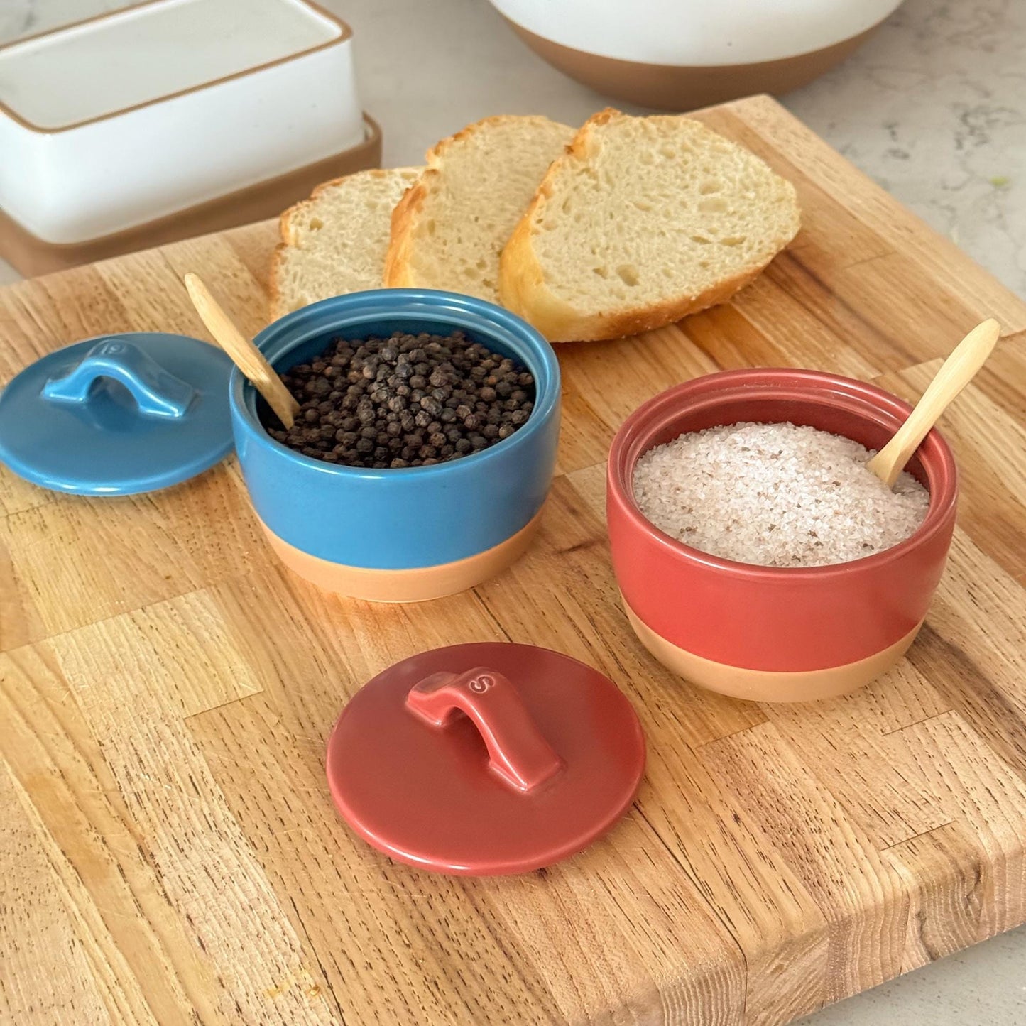 MORA CERAMICS Kitchen & Dining Salt & Pepper Cellar Set - Azure Blue & Crimson Red