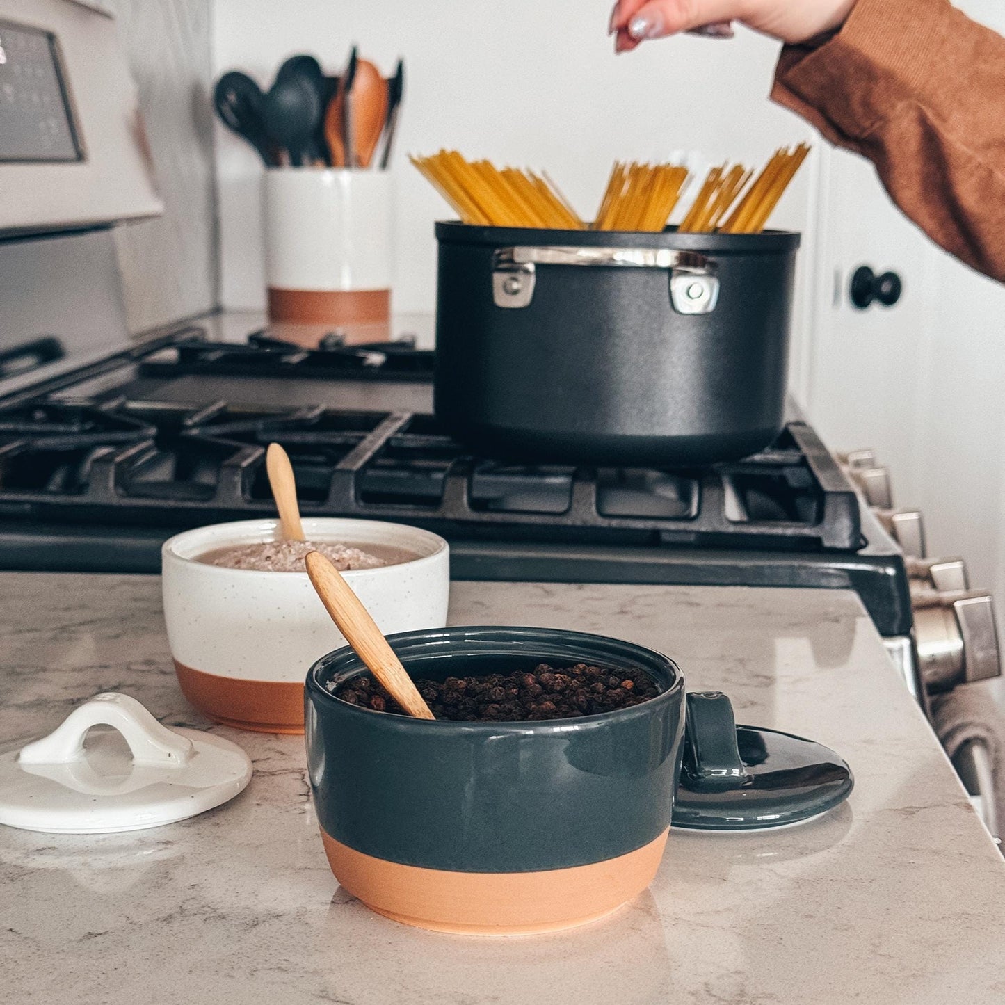 MORA CERAMICS Kitchen & Dining Salt & Pepper Cellar Set - Vanilla & Charcoal