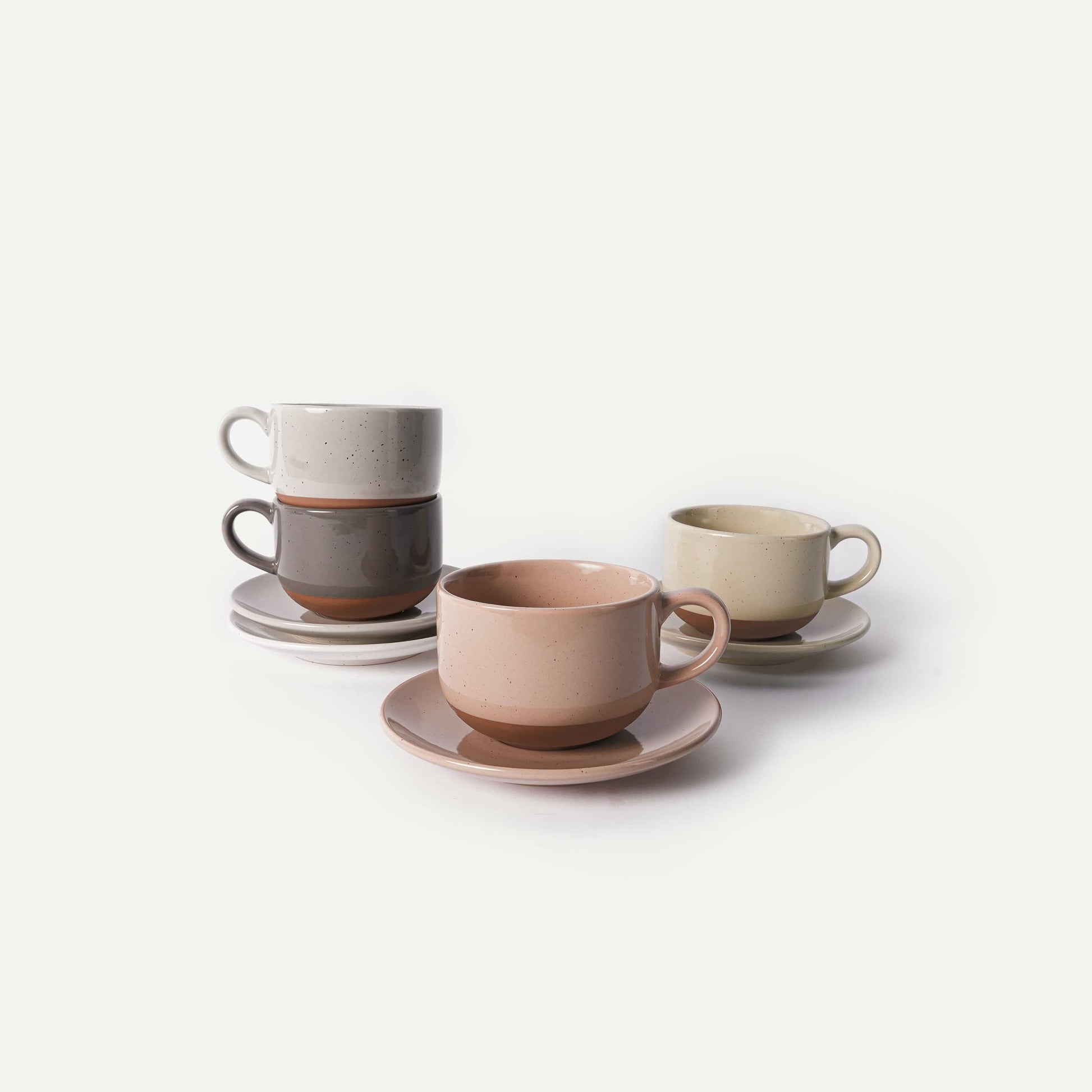 MORA CERAMICS Kitchen & Dining Cappuccino Mugs with Saucers Set of 4 - 8oz - Assorted Neutrals