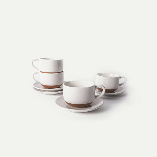 MORA CERAMICS Kitchen & Dining Cappuccino Mugs with Saucers Set of 4 - 8oz - Vanilla White