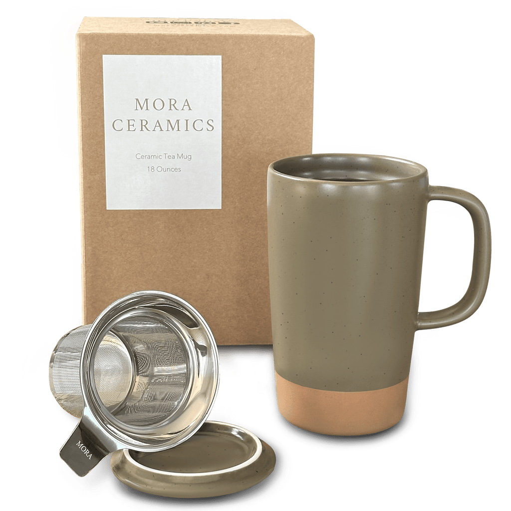 Mora Ceramics Large Tea Mug with Loose Leaf Infuser and Ceramic Lid, 18 oz,  Portable, Microwave and Dishwasher Safe, Tall Coffee Cup - Rustic Matte