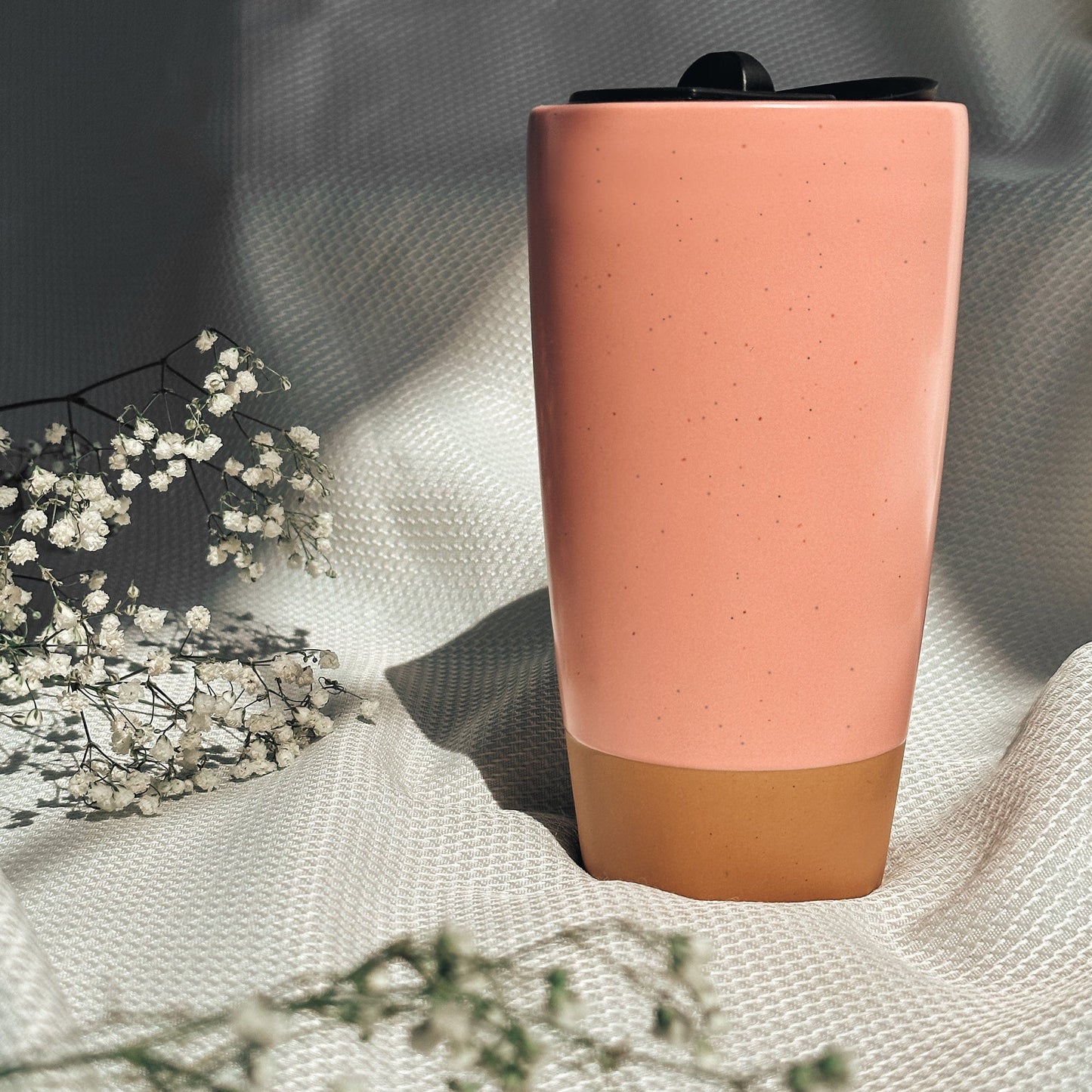MORA CERAMICS Kitchen & Dining Double Walled Ceramic Travel Mug with Lid - Pink Salt - 14oz