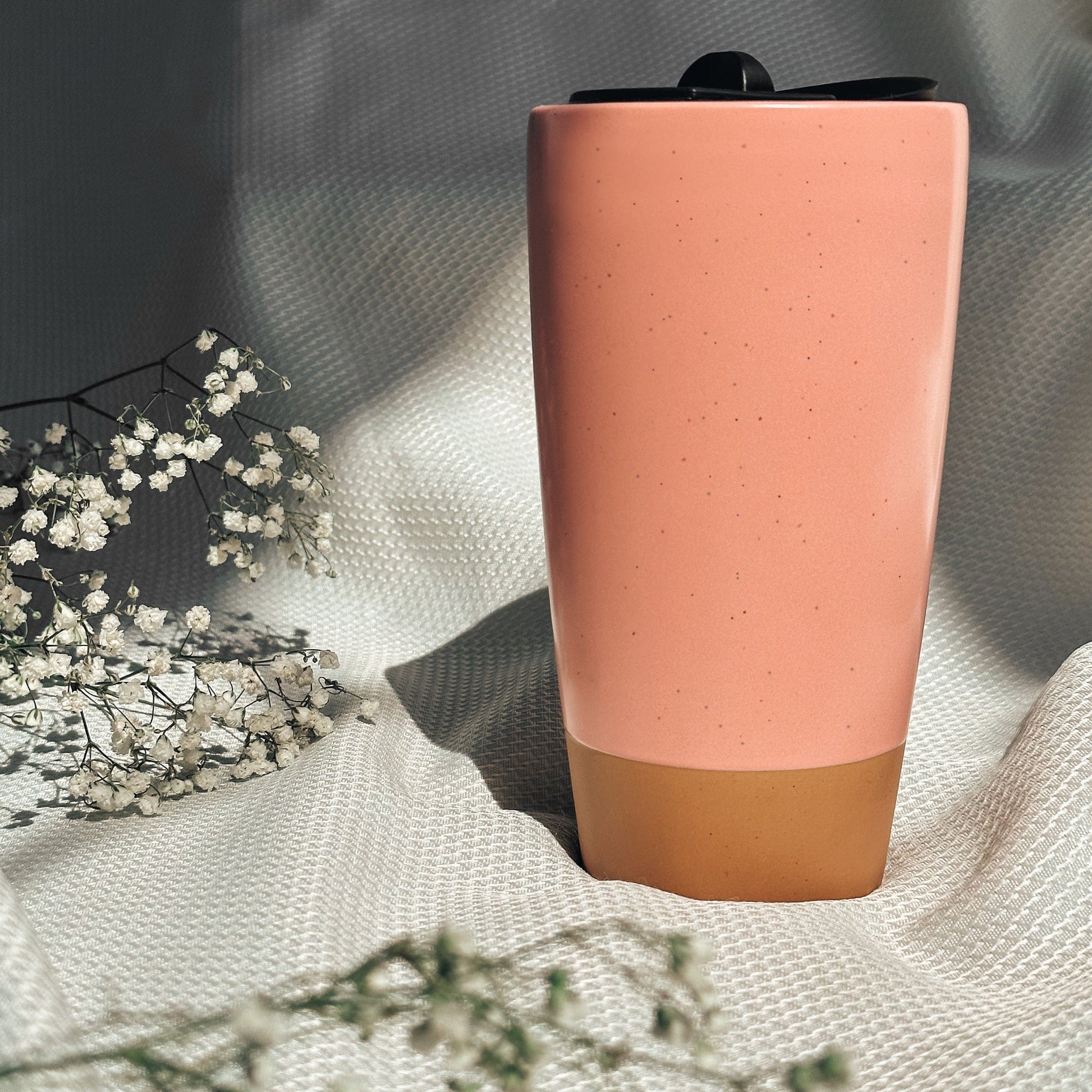 MORA CERAMICS Kitchen & Dining Double Walled Ceramic Travel Mug with Lid - Pink Salt - 14oz