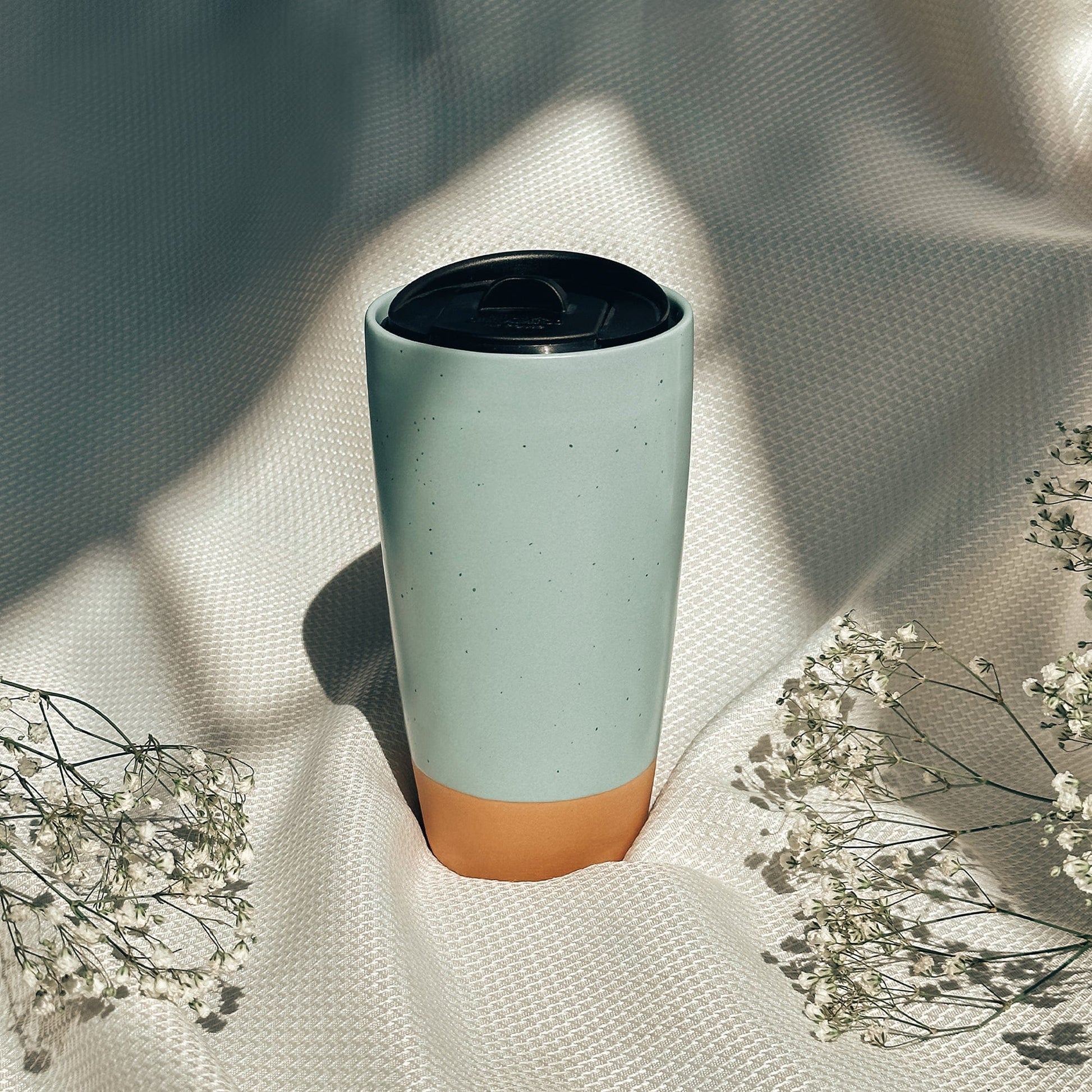 MORA CERAMICS Kitchen & Dining Double Walled Ceramic Travel Mug with Lid - Seafoam Green - 14oz