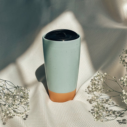 MORA CERAMICS Kitchen & Dining Double Walled Ceramic Travel Mug with Lid - Seafoam Green - 14oz