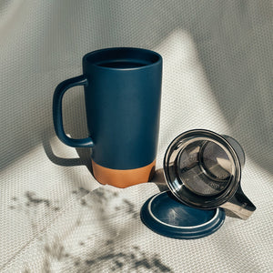 Large Tea Mug with Loose Leaf Infuser - Ceramic Lid - 18oz - Deep Blue