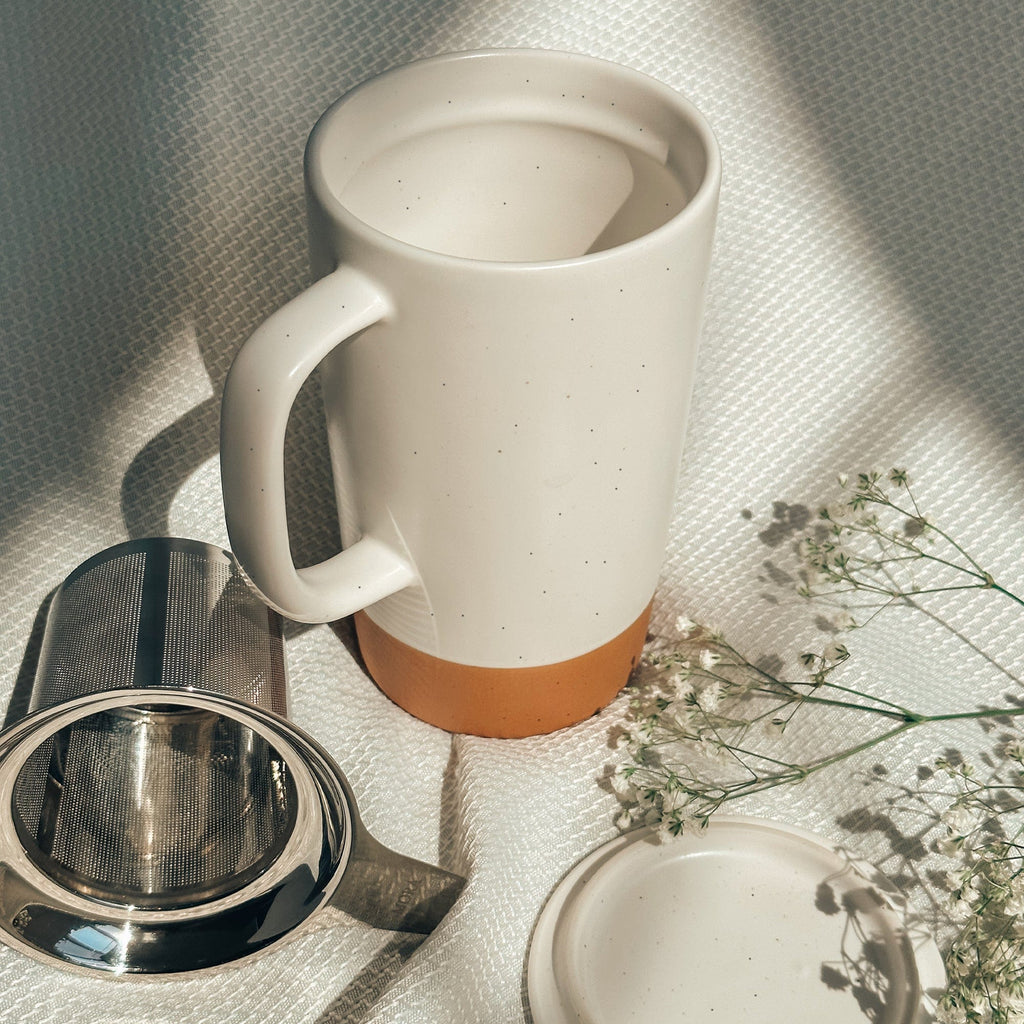 Mora Ceramics Tea Cup with Loose Leaf Infuser, Spoon and Lid, 12 oz,  Microwave and Dishwasher Safe Coffee Mug - Rustic Matte Ceramic Glaze,  Modern