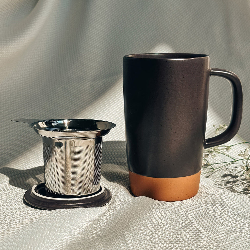 Mora Ceramics Tea Cup with Loose Leaf Infuser, Spoon and Lid, 12 oz,  Microwave and Dishwasher Safe Coffee Mug - Rustic Matte Ceramic Glaze,  Modern Herbal Tea Strainer - Great Gift for