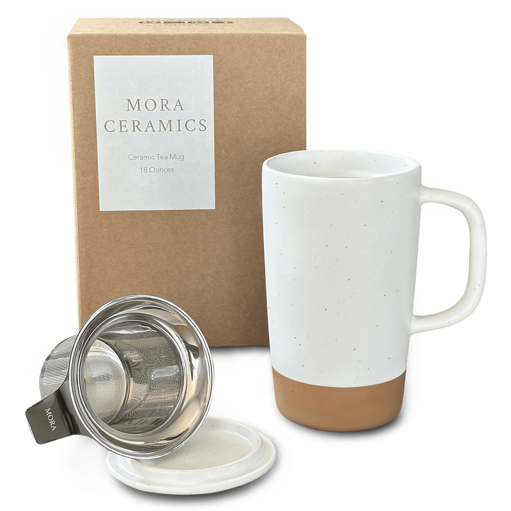 Mora Ceramics Tea Cup with Loose Leaf Infuser, Spoon and Lid, 12 oz, Microwave and Dishwasher Safe Coffee Mug - Rustic Matte Ceramic Glaze, Modern