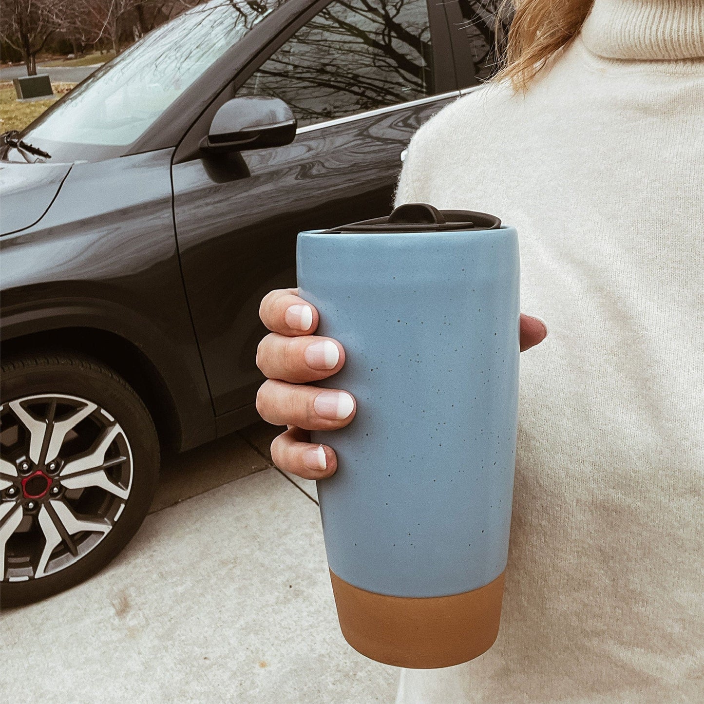 MORA CERAMICS Kitchen & Dining Double Walled Ceramic Travel Mug with Lid - Dusty Blue - 14oz