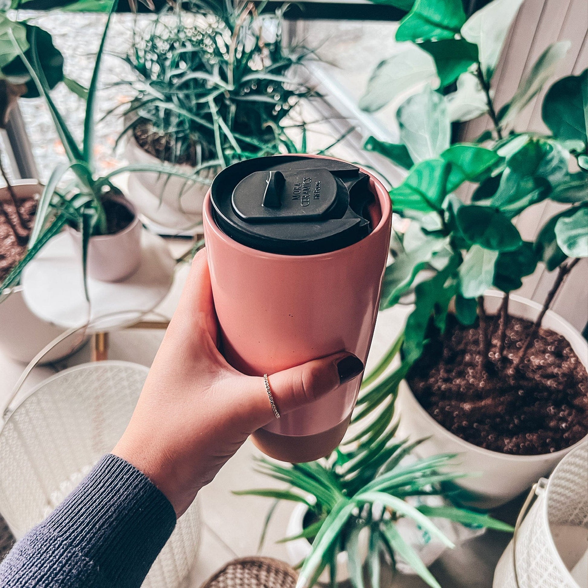 MORA CERAMICS Kitchen & Dining Double Walled Ceramic Travel Mug with Lid - Pink Salt - 14oz