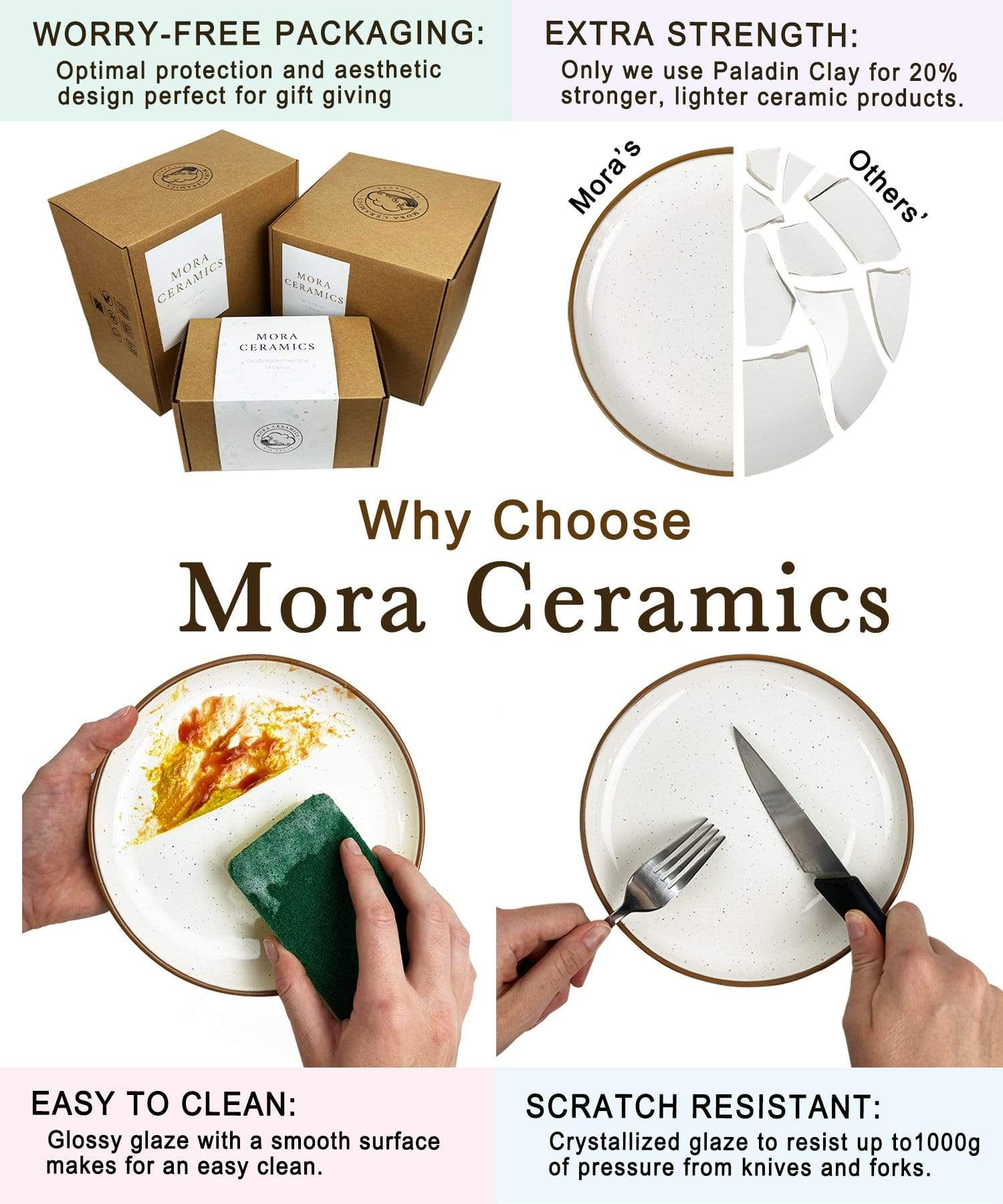 Mora Ceramics, worry free packaging, extra strength, easy to clean and scratch resistant