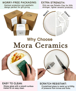 what is special about Mora Ceramics? great packaging, makes a great gift, extra strong paladin clay, easy to clean, and scratch resistant