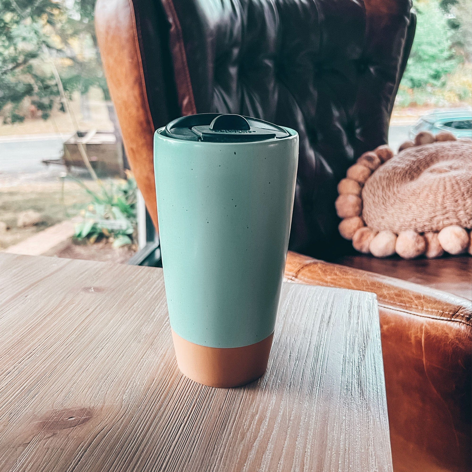Double Walled Ceramic Travel Mug with Lid - Seafoam Green - 14oz